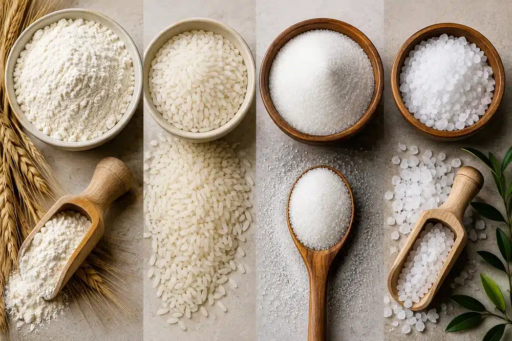 Harina, arroz, azúcar y sal refinados en cuencos sobre una superficie clara
