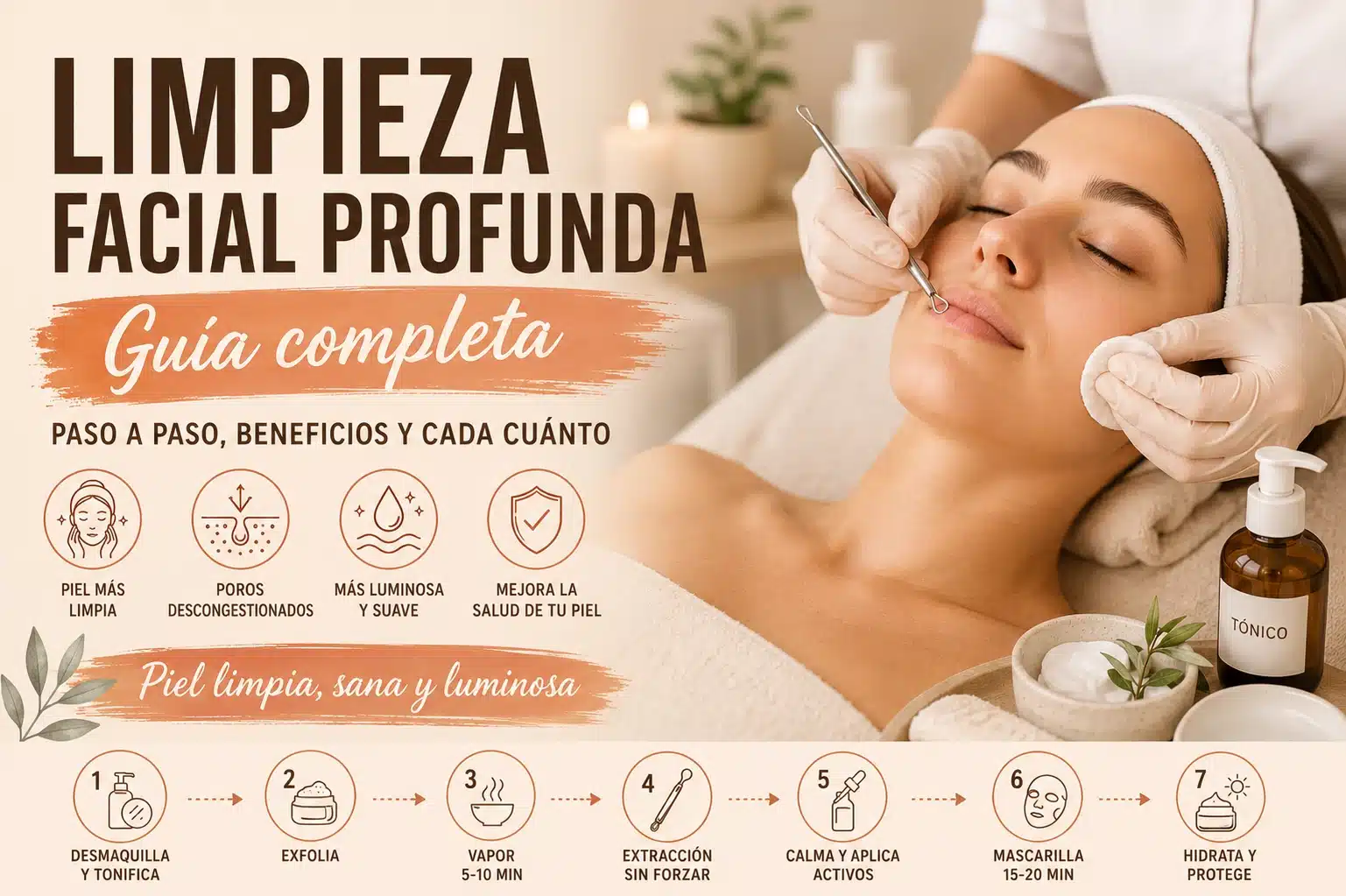 Guía de limpieza facial profunda paso a paso: desmaquillar, exfoliar, vapor, extracción, activos, mascarilla e hidratación
