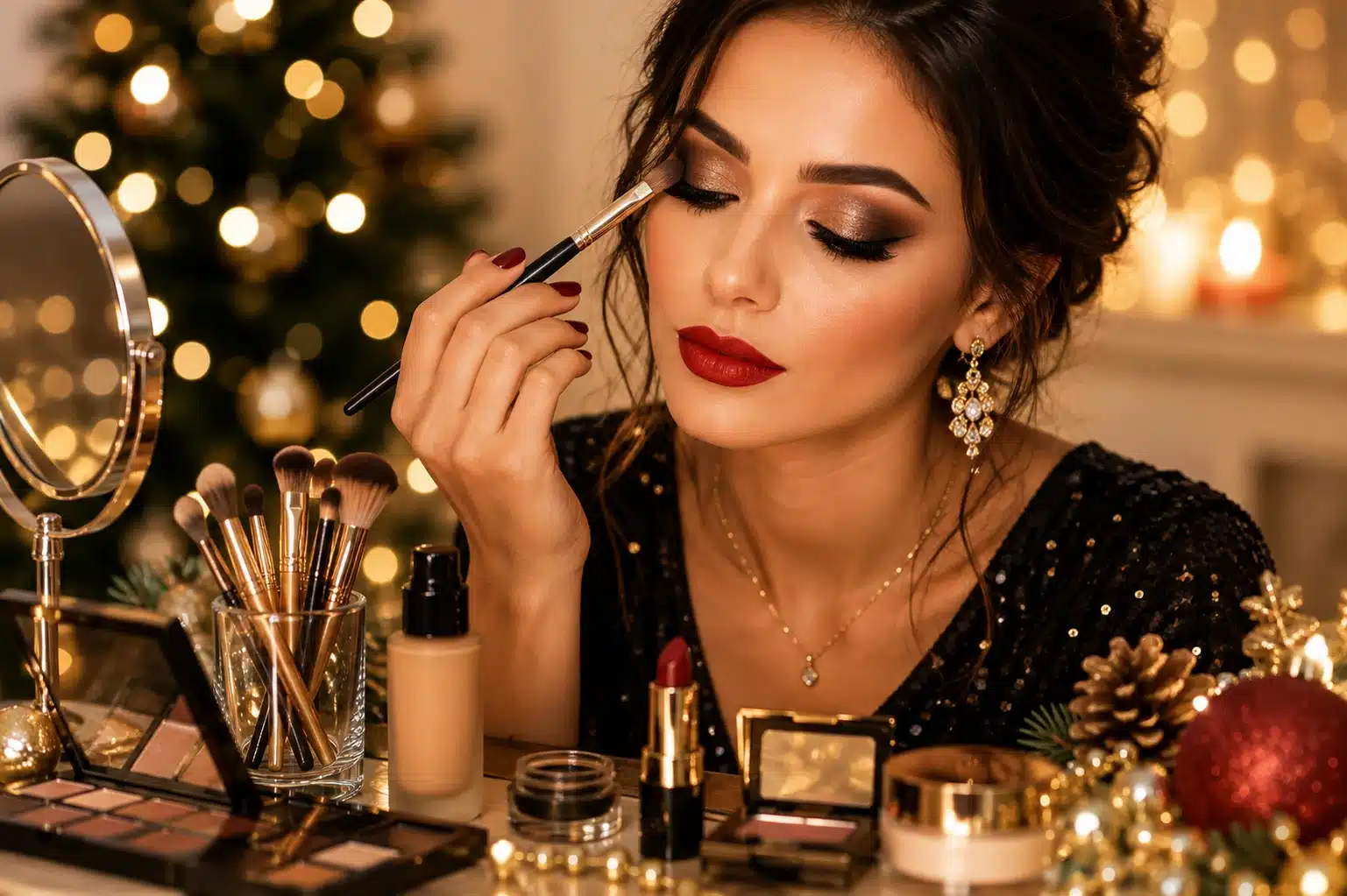 Maquillaje de Navidad con ojos ahumados y labios rojos