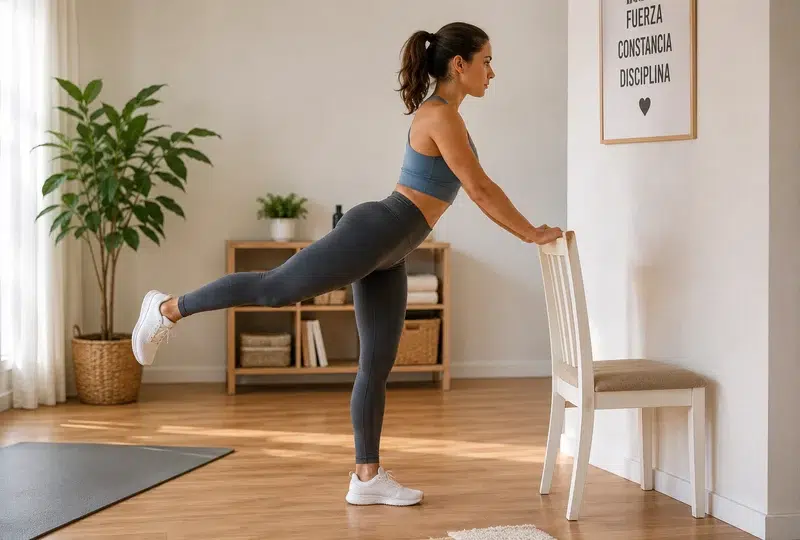 Ejercicio de glúteos apoyándose en una silla en casa