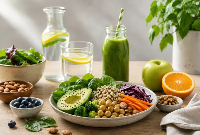 Alimentos saludables y zumo verde para explicar qué es el detox