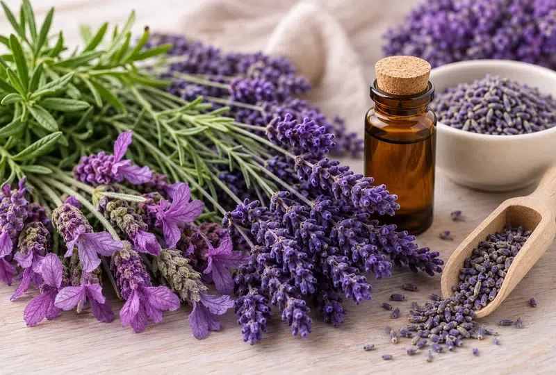 Lavanda y espliego con flores secas y aceite esencial