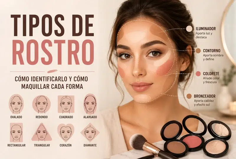 Diferentes tipos de rostro con ejemplos de contorno, colorete e iluminador