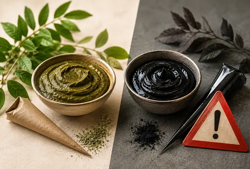 Pasta de henna natural verde junto a pasta de henna negra con señal de advertencia