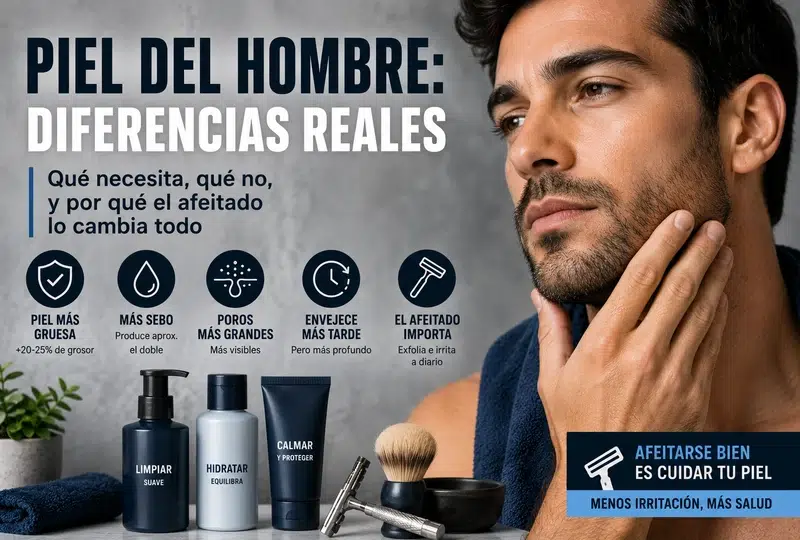 Hombre cuidando la piel del rostro junto a productos de limpieza, hidratación y afeitado, con las principales características de la piel masculina.