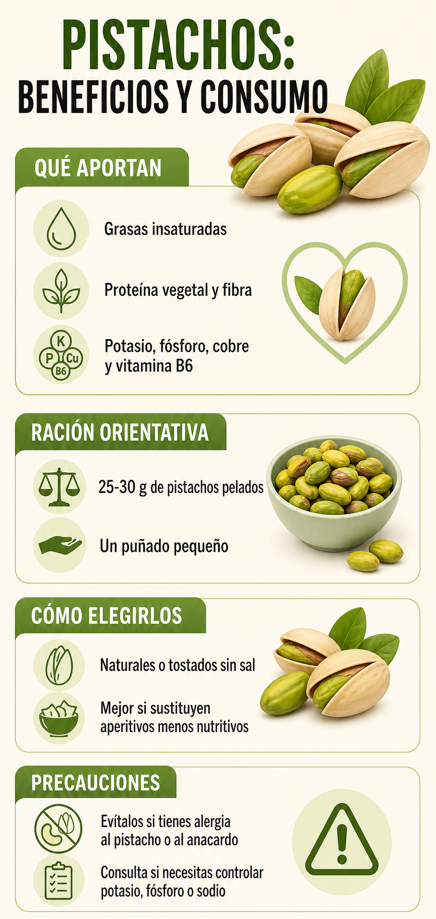 Infograf&iacute;a sobre beneficios, raci&oacute;n y precauciones de los pistachos