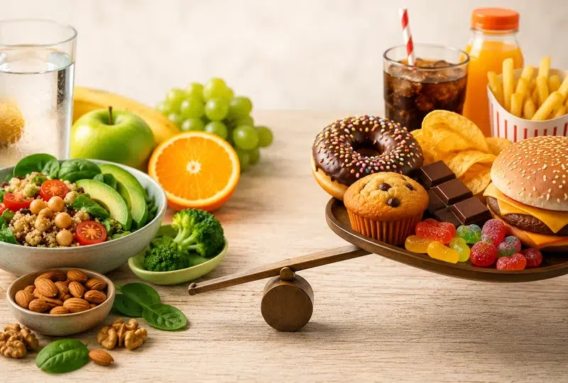 Comparación entre alimentos nutritivos y productos ricos en calorías vacías como refrescos, dulces, patatas fritas y comida rápida.