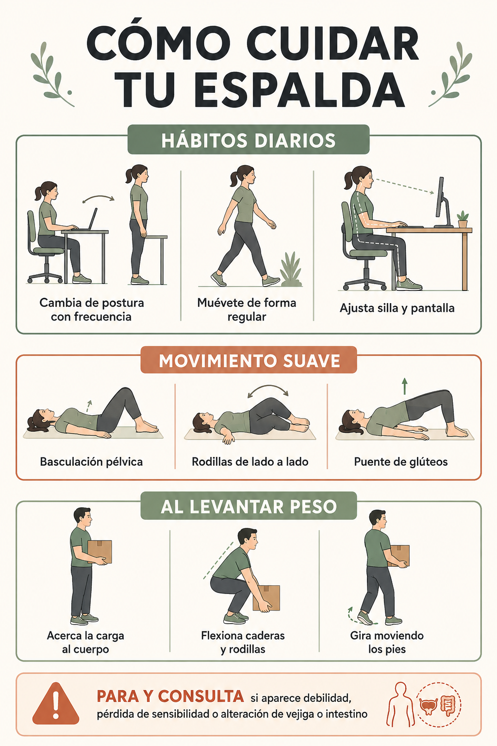 Infograf&iacute;a con h&aacute;bitos, ejercicios suaves y t&eacute;cnica para cuidar la espalda