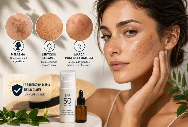 Mujer con manchas faciales junto a ejemplos de melasma, léntigos solares e hiperpigmentación postinflamatoria y protector solar SPF 50.