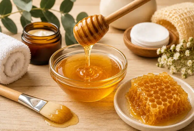 Miel natural con panal y productos cosméticos, utilizada como ingrediente humectante para el cuidado de la piel.