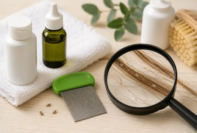 Liendrera, liendres y piojos junto a productos para el tratamiento de la pediculosis y aceite de árbol de té.