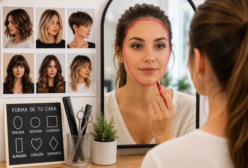 Mujer identificando la forma de su cara frente al espejo para elegir el corte de pelo que más le favorece.