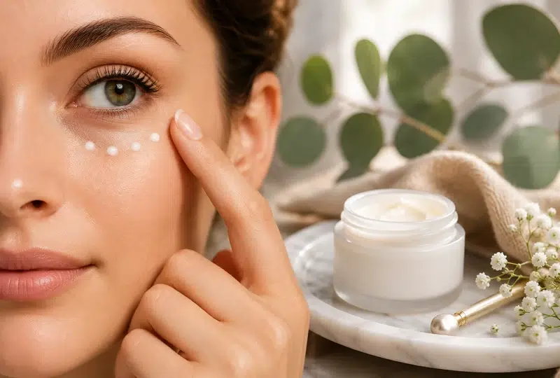 Mujer aplicando crema en el contorno de ojos para hidratar y cuidar la piel frente a ojeras, bolsas y líneas de expresión.