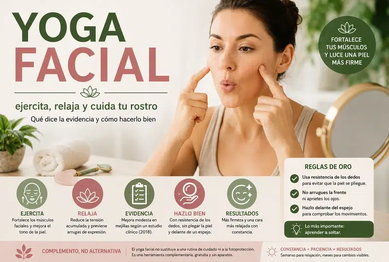Mujer practicando yoga facial frente al espejo con ejercicios para fortalecer y relajar los músculos del rostro.