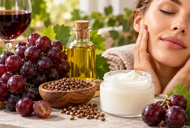 Uvas tintas, aceite de pepita de uva y crema cosmética junto a una mujer cuidando su piel, representando la vinoterapia y el resveratrol.