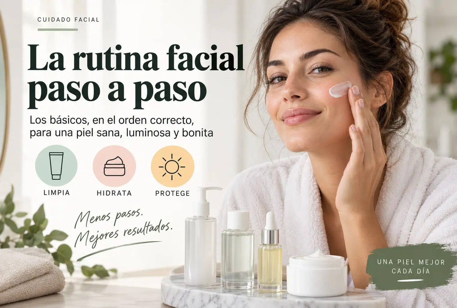 Rutina facial paso a paso: limpieza, hidratación y protección solar en el orden correcto.