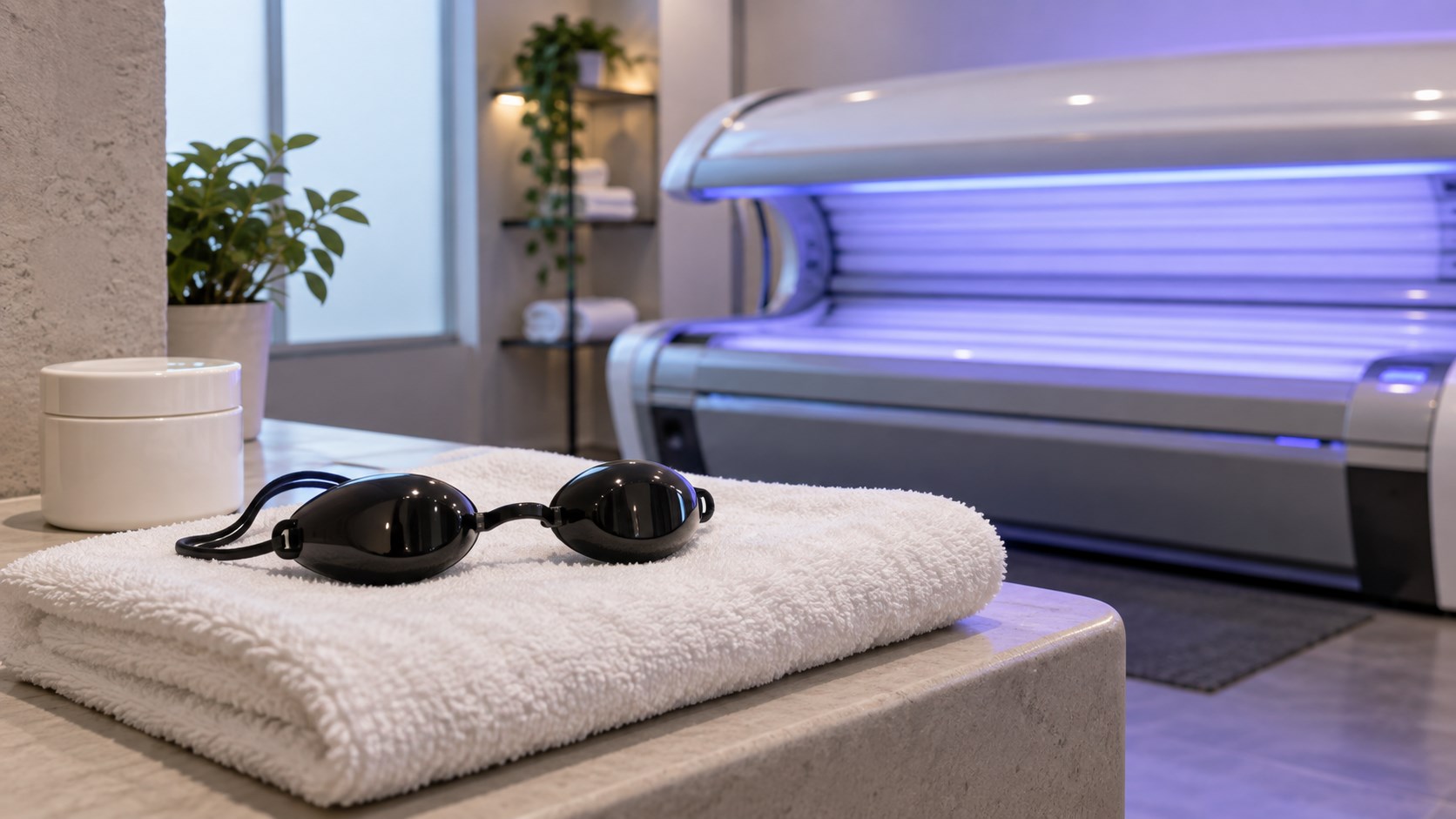 Gafas de protección para rayos UVA junto a una cabina de bronceado