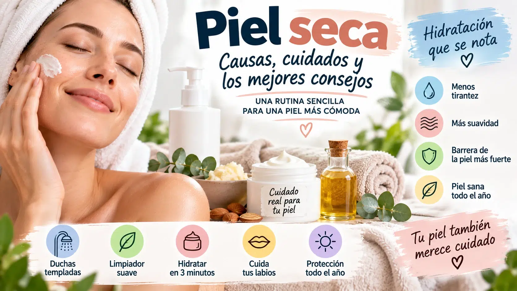 Piel seca: rutina de hidratación con crema, aceite, limpiador suave y cuidados diarios