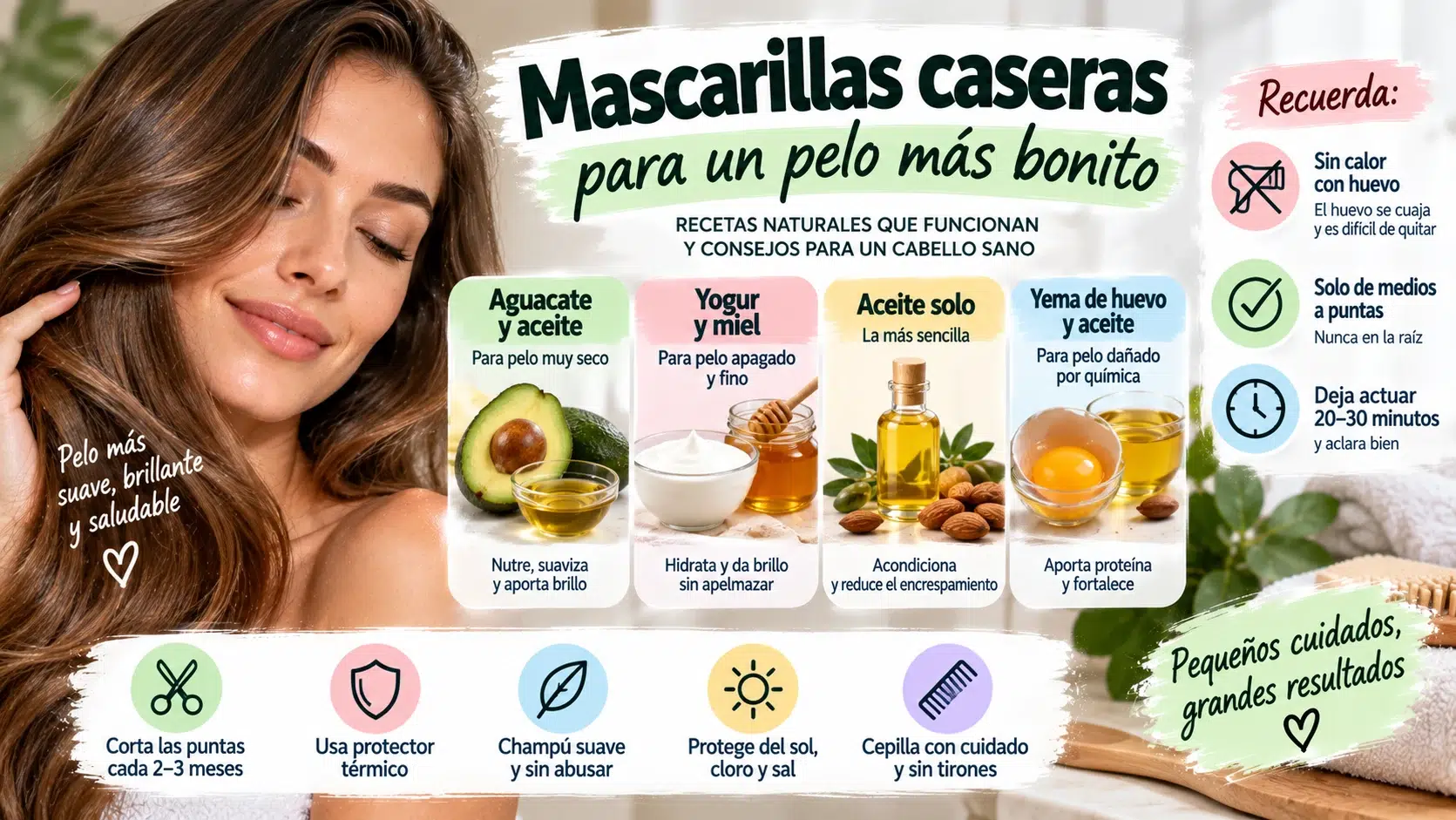 Mascarillas caseras para pelo seco y dañado con aguacate, aceite, yogur, miel y yema de huevo