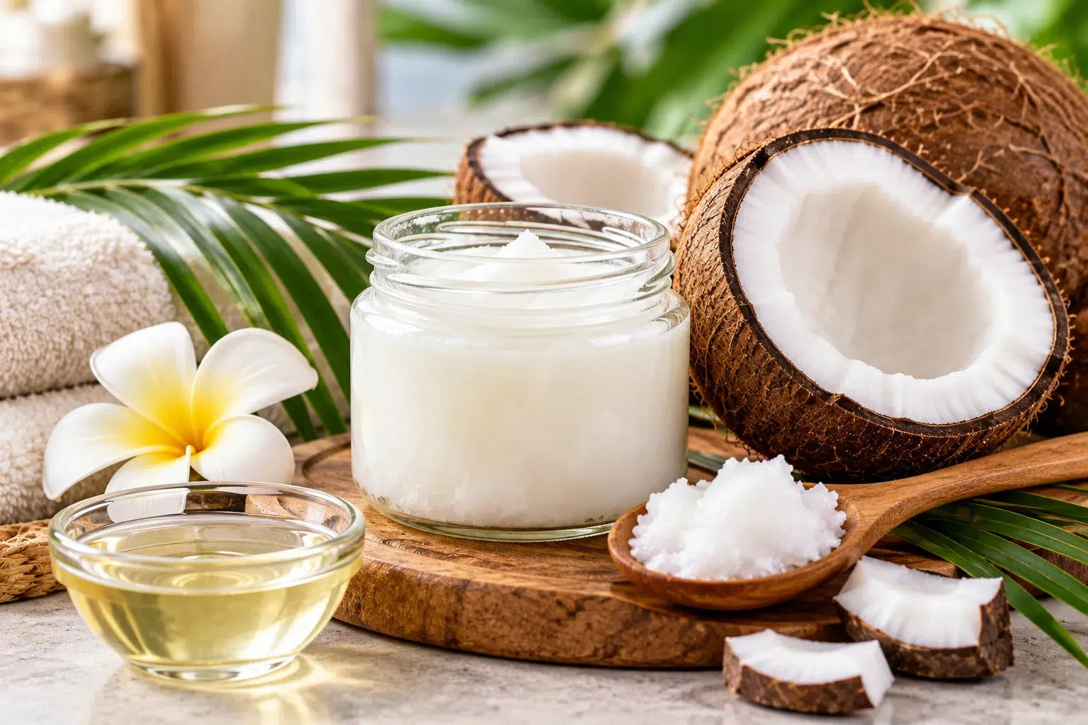 Aceite de coco natural con cocos frescos para el cuidado de la piel y el cabello