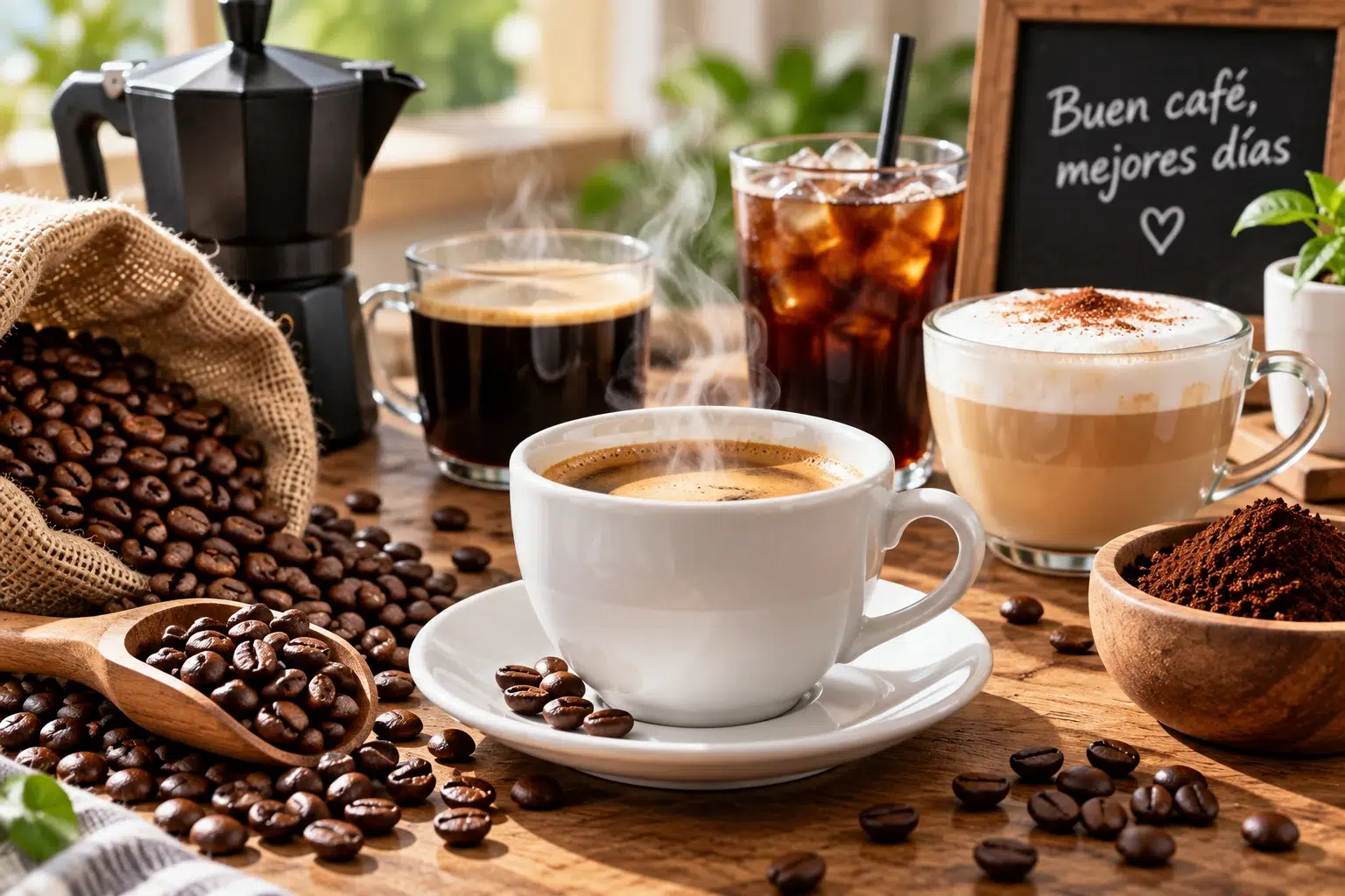 Café y cafeína: taza de café, granos tostados y diferentes formas de preparar café