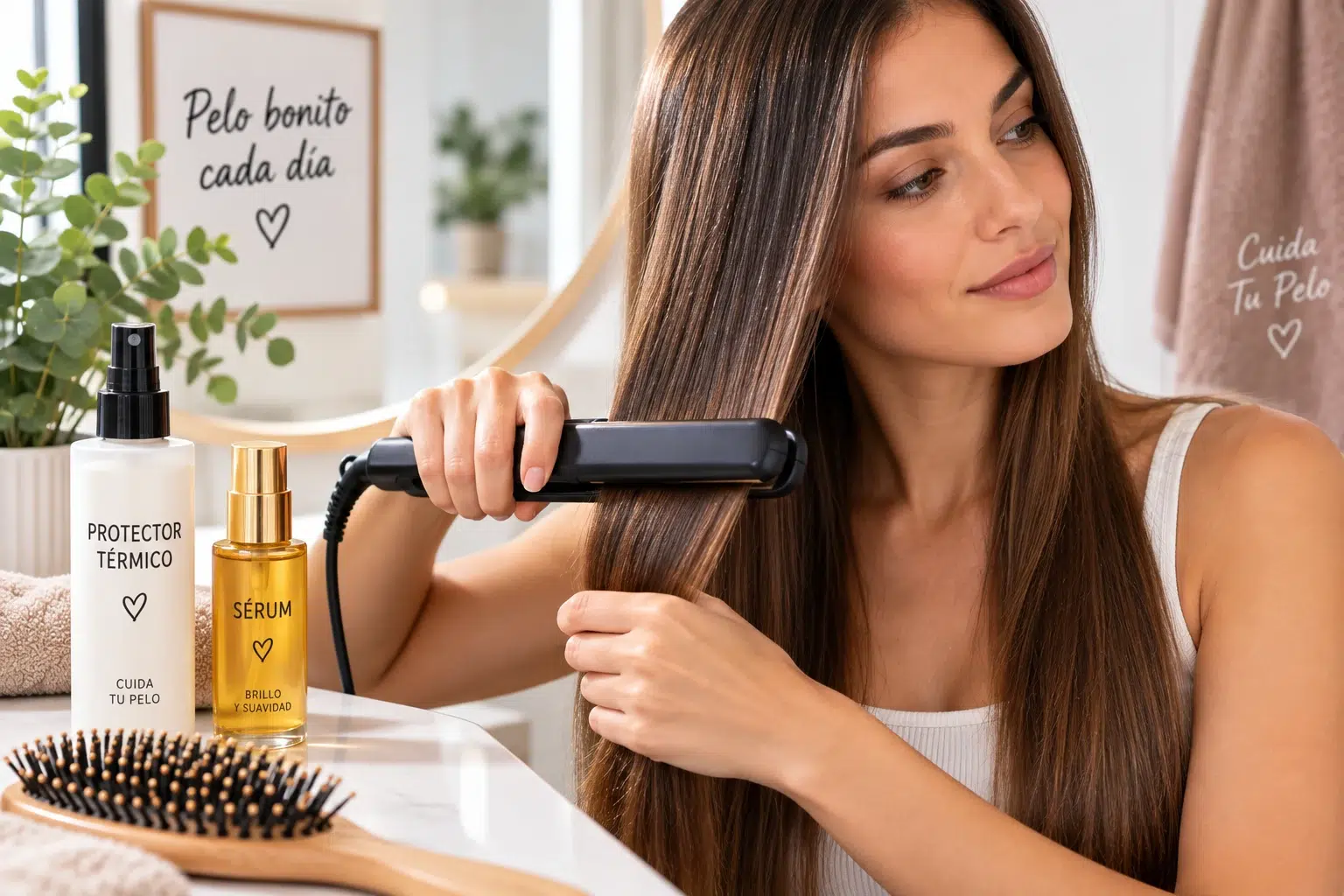 Mujer alisando el cabello con plancha y protector térmico para evitar daños por calor