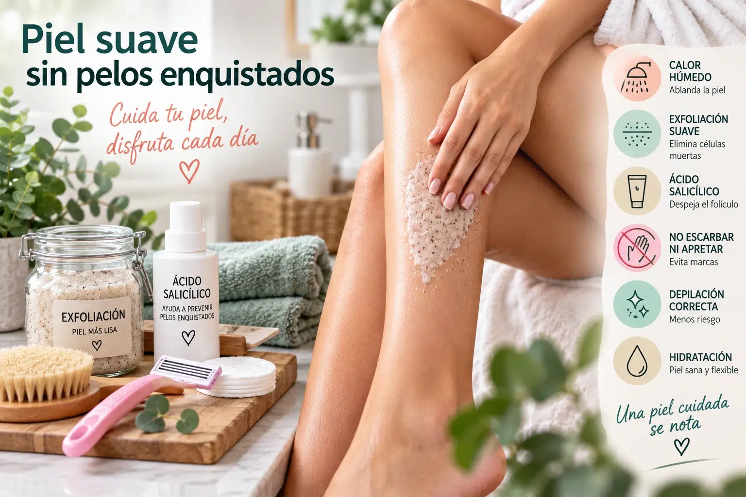 Cómo prevenir y tratar los pelos enquistados con exfoliación suave, ácido salicílico e hidratación