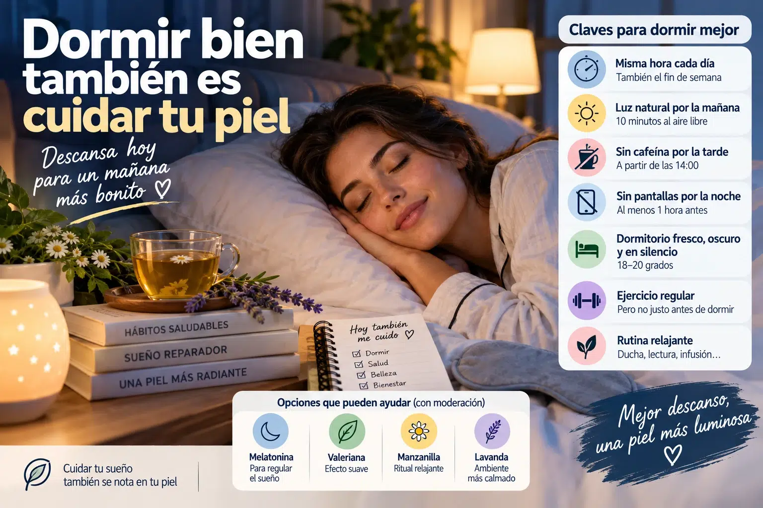 Mujer durmiendo con consejos para mejorar el sueño, crear una rutina nocturna y descansar mejor