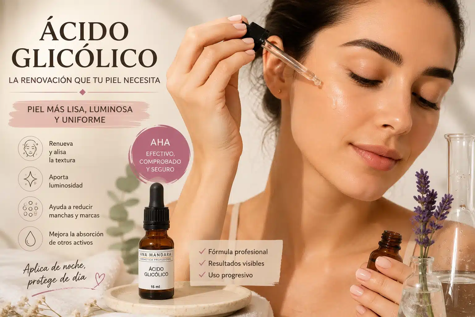 Mujer aplicando un sérum de ácido glicólico sobre el rostro para renovar e iluminar la piel