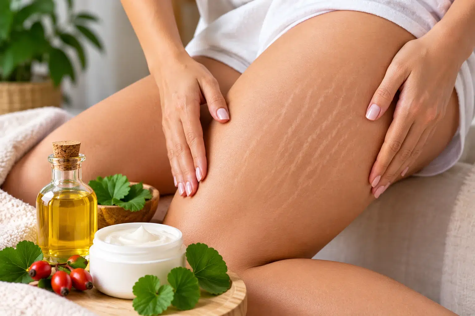 Estrías blancas en los muslos y cuidado de la piel con crema hidratante y aceite corporal