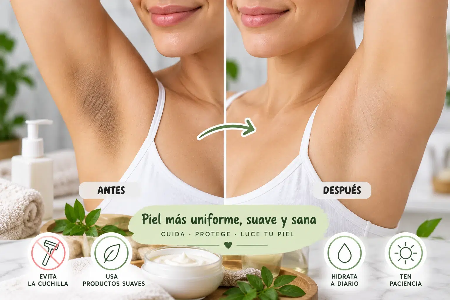 Axilas oscuras antes y después con piel más uniforme tras reducir la irritación y mejorar sus cuidados