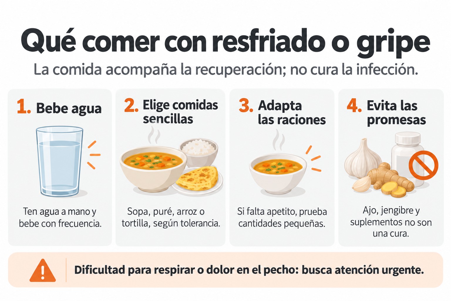 Cuatro consejos al comer con resfriado o gripe: beber agua, elegir comidas sencillas, adaptar raciones y evitar promesas de curaci&oacute;n