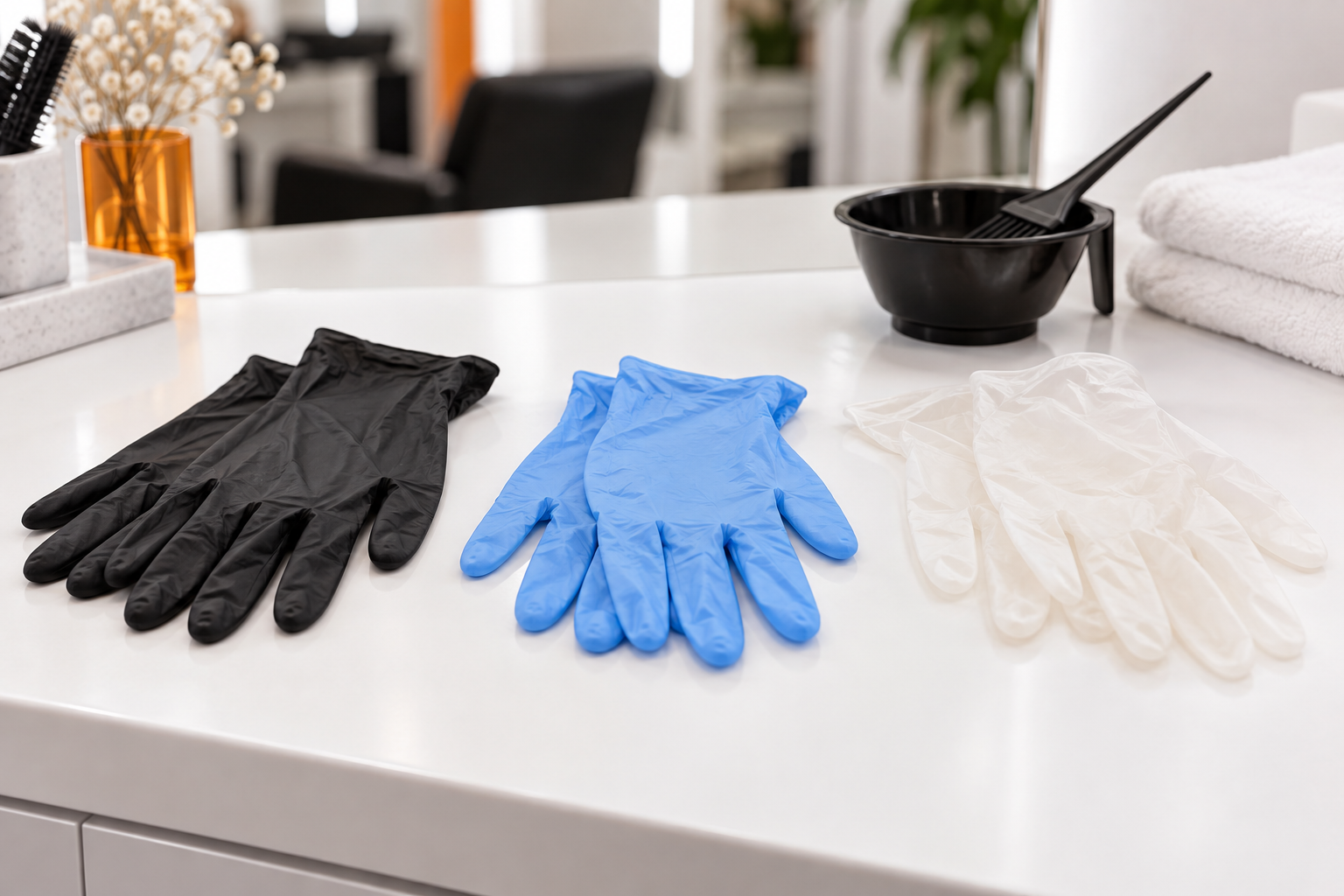 Guantes desechables de distintos colores sobre una mesa de peluquería