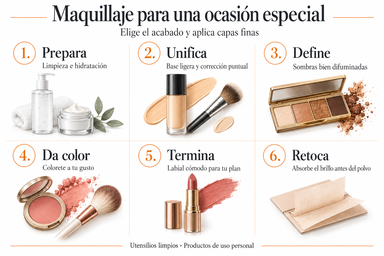 Seis pasos de maquillaje: preparar, unificar, definir ojos, dar color, terminar labios y retocar