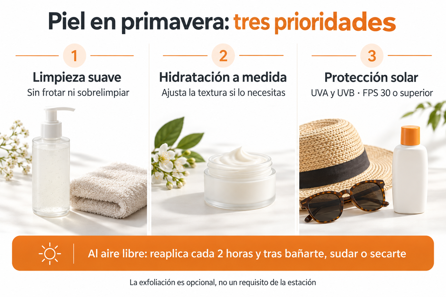 Cuidados de la piel en primavera: limpieza suave, hidrataci&oacute;n y protecci&oacute;n solar con reaplicaci&oacute;n