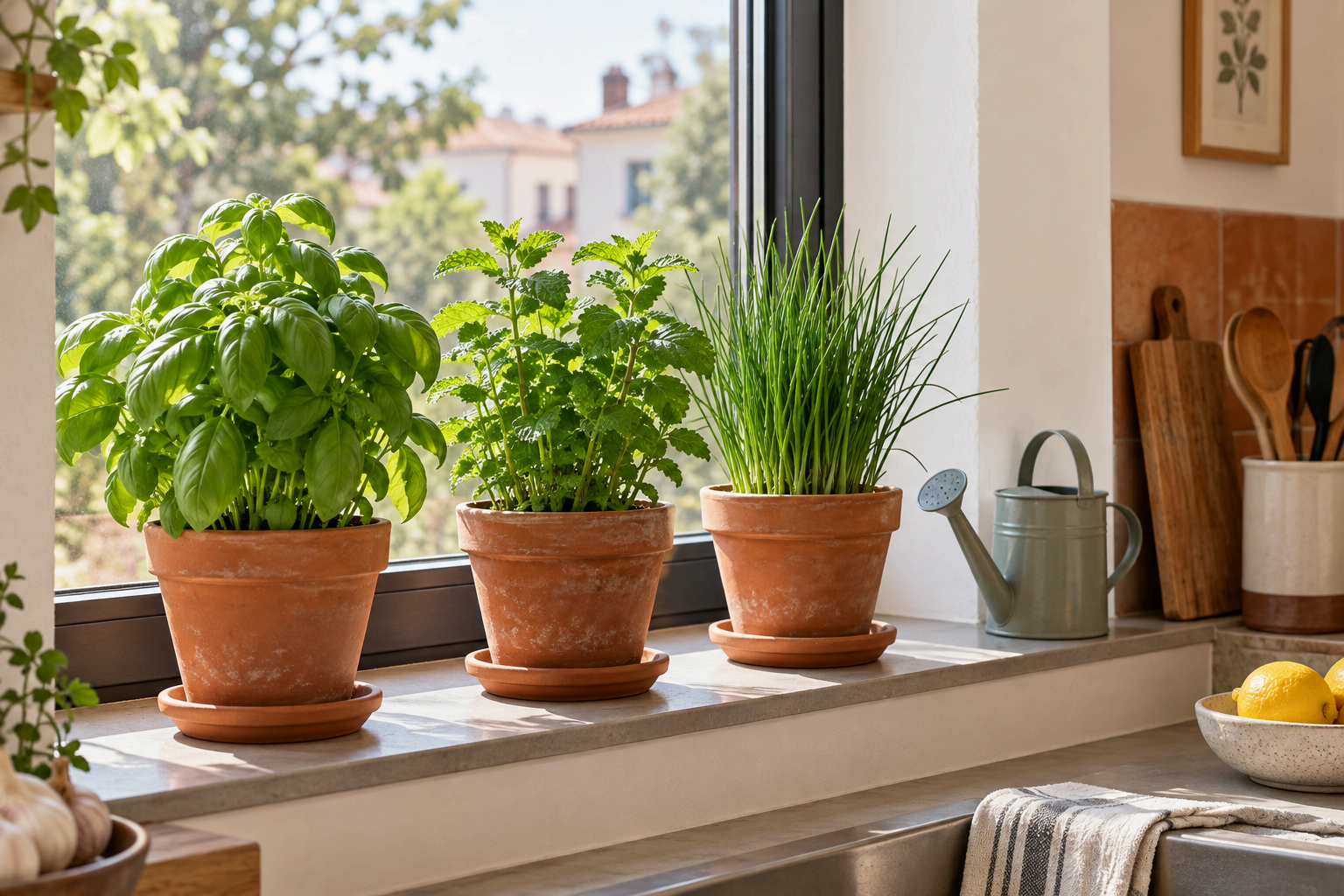 Albahaca, menta y cebollino en macetas de terracota junto a una ventana luminosa
