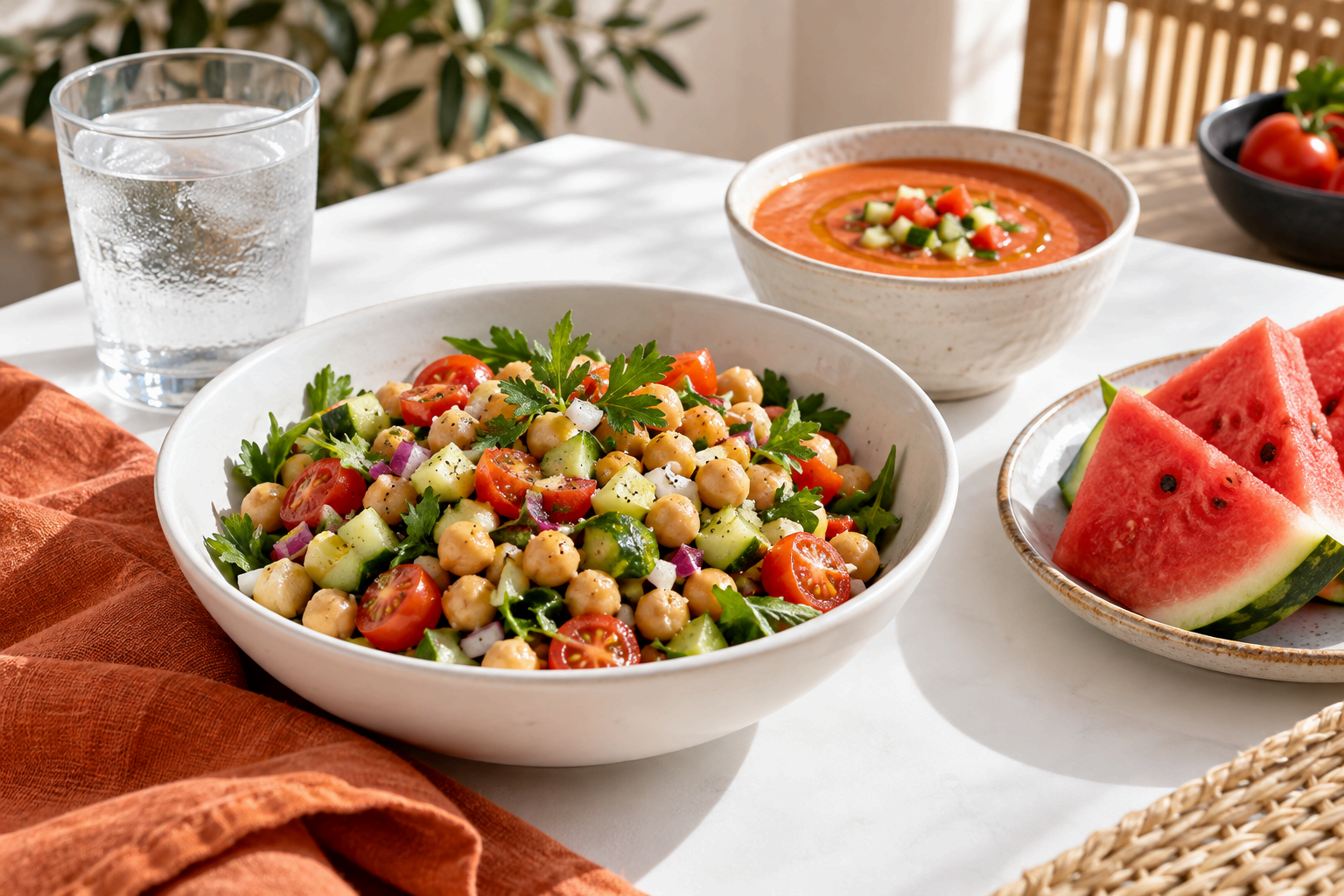 Ensalada de garbanzos con verduras, gazpacho, sandía y un vaso de agua para un día de calor