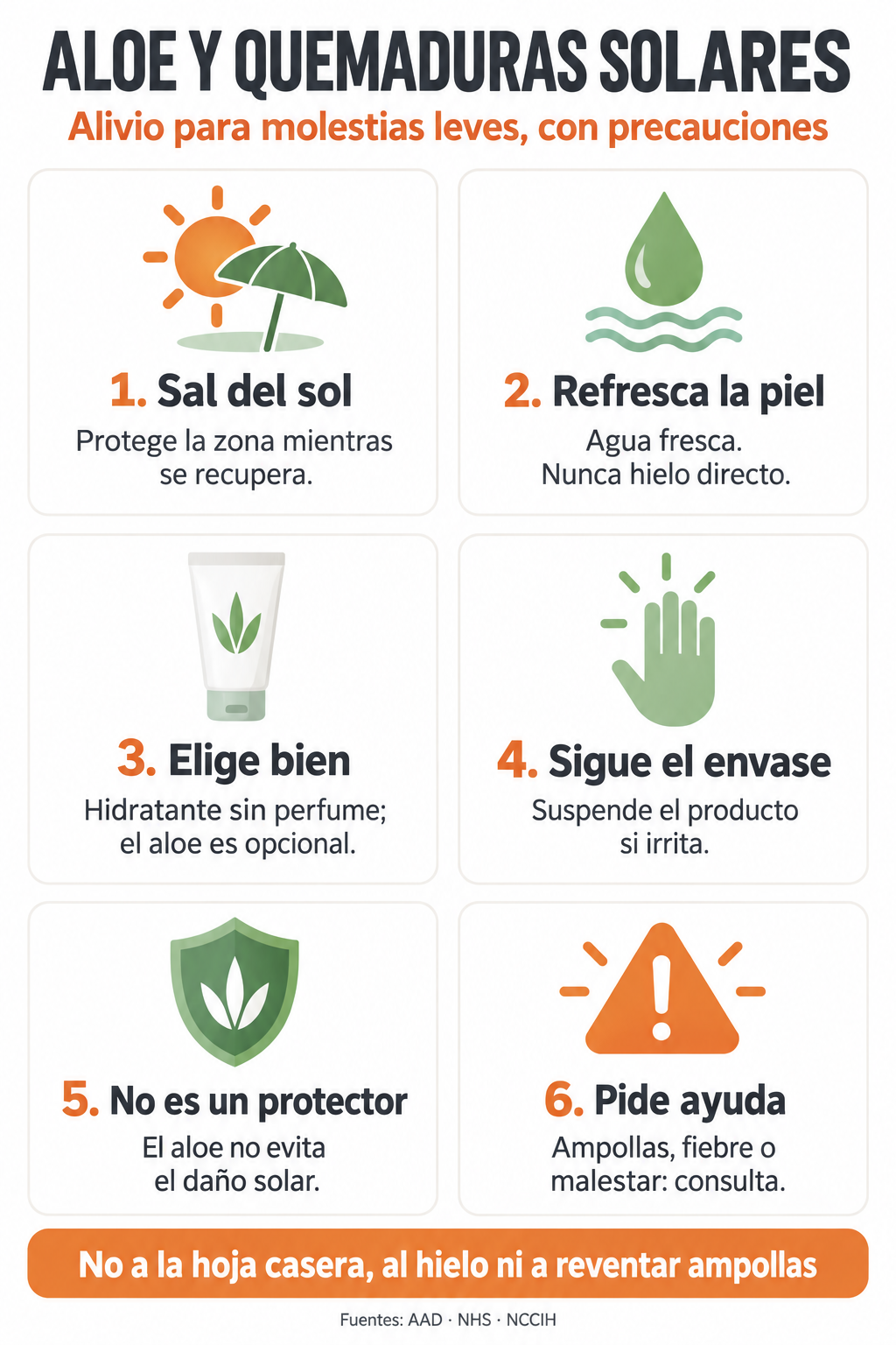 Seis cuidados ante quemaduras solares leves: sombra, agua fresca, hidratante, instrucciones, protecci&oacute;n y consulta si hay se&ntilde;ales de alarma.