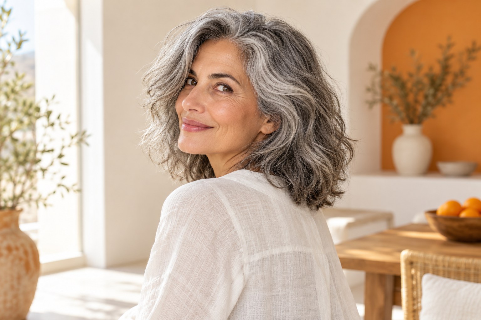 Mujer con melena ondulada de canas naturales grises y blancas.