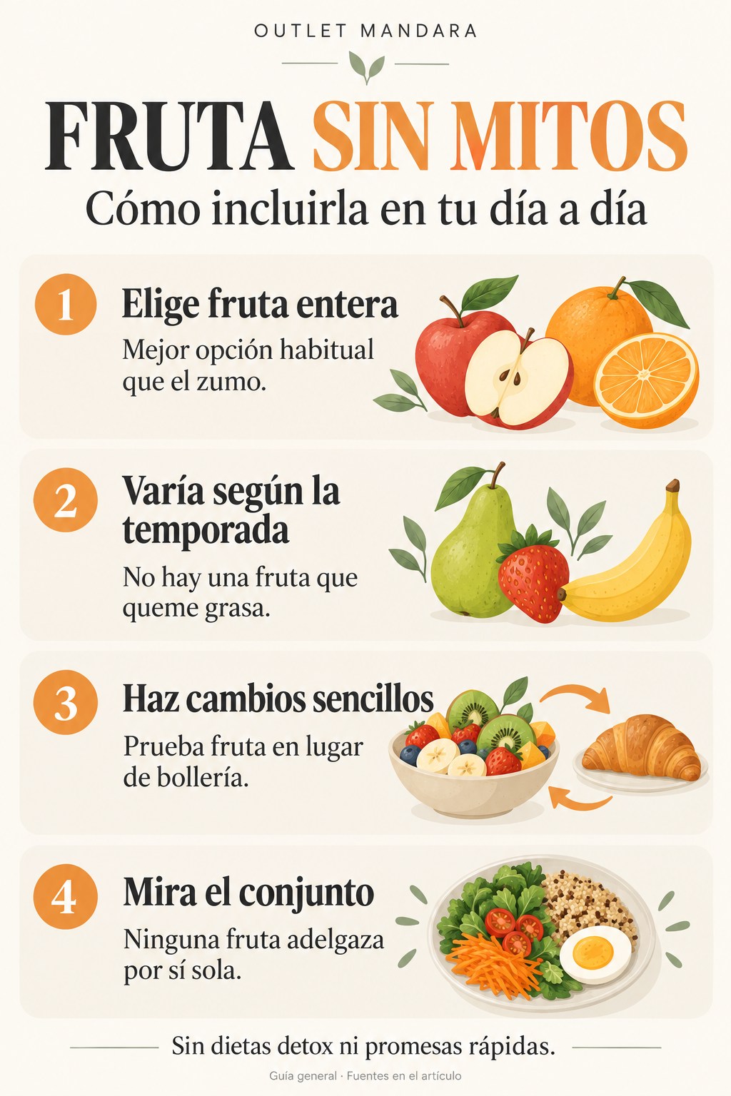 Cuatro ideas: elegir fruta entera, variar seg&uacute;n la temporada, sustituir boller&iacute;a y valorar el conjunto de la alimentaci&oacute;n.