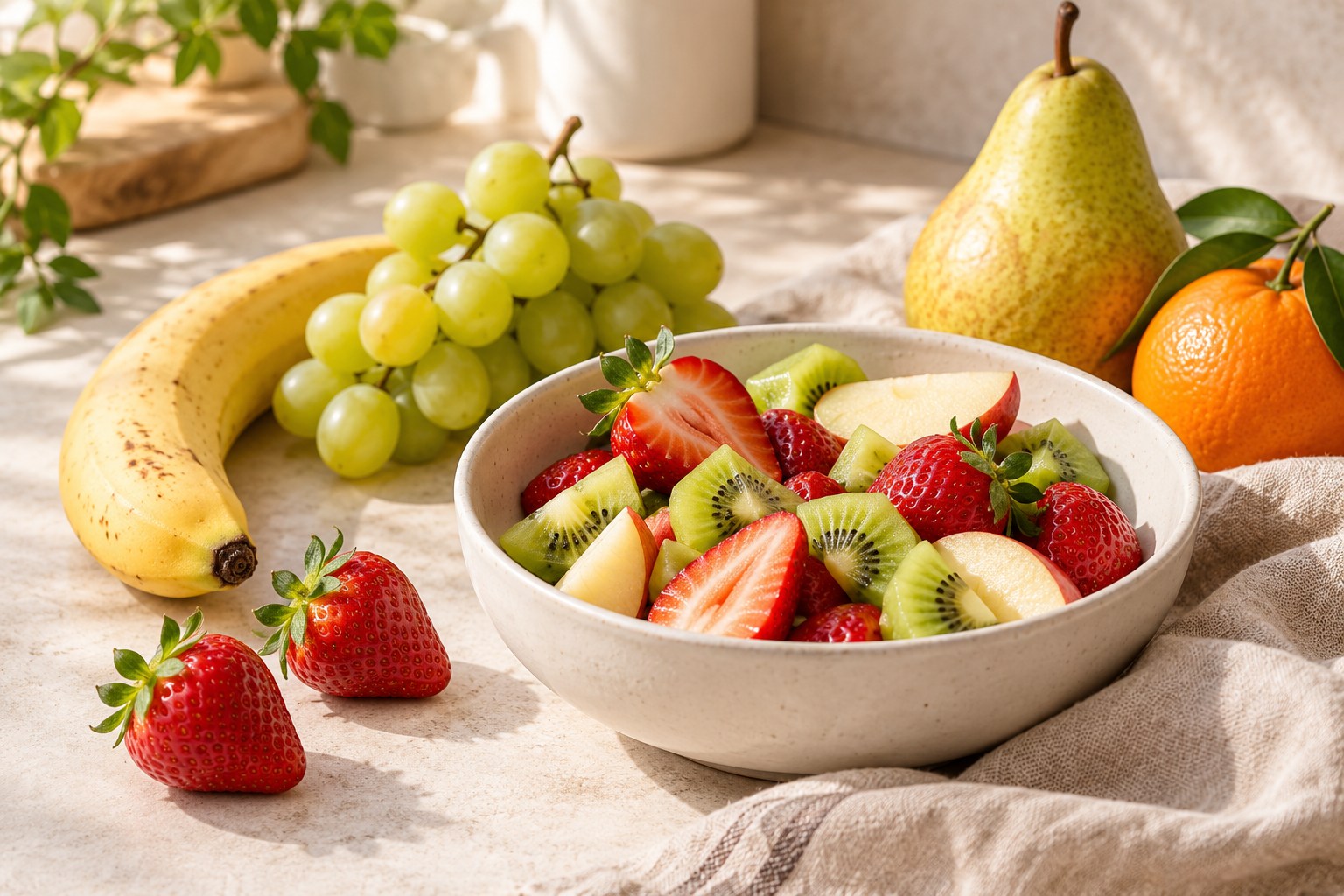 Cuenco con fresas, kiwi y manzana junto a una pera, uvas, plátano y mandarina.