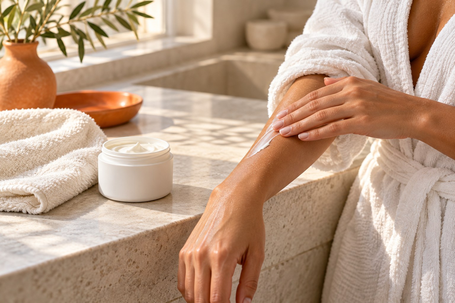 Aplicación suave de crema hidratante en un antebrazo junto a una toalla y un tarro de cosmético.