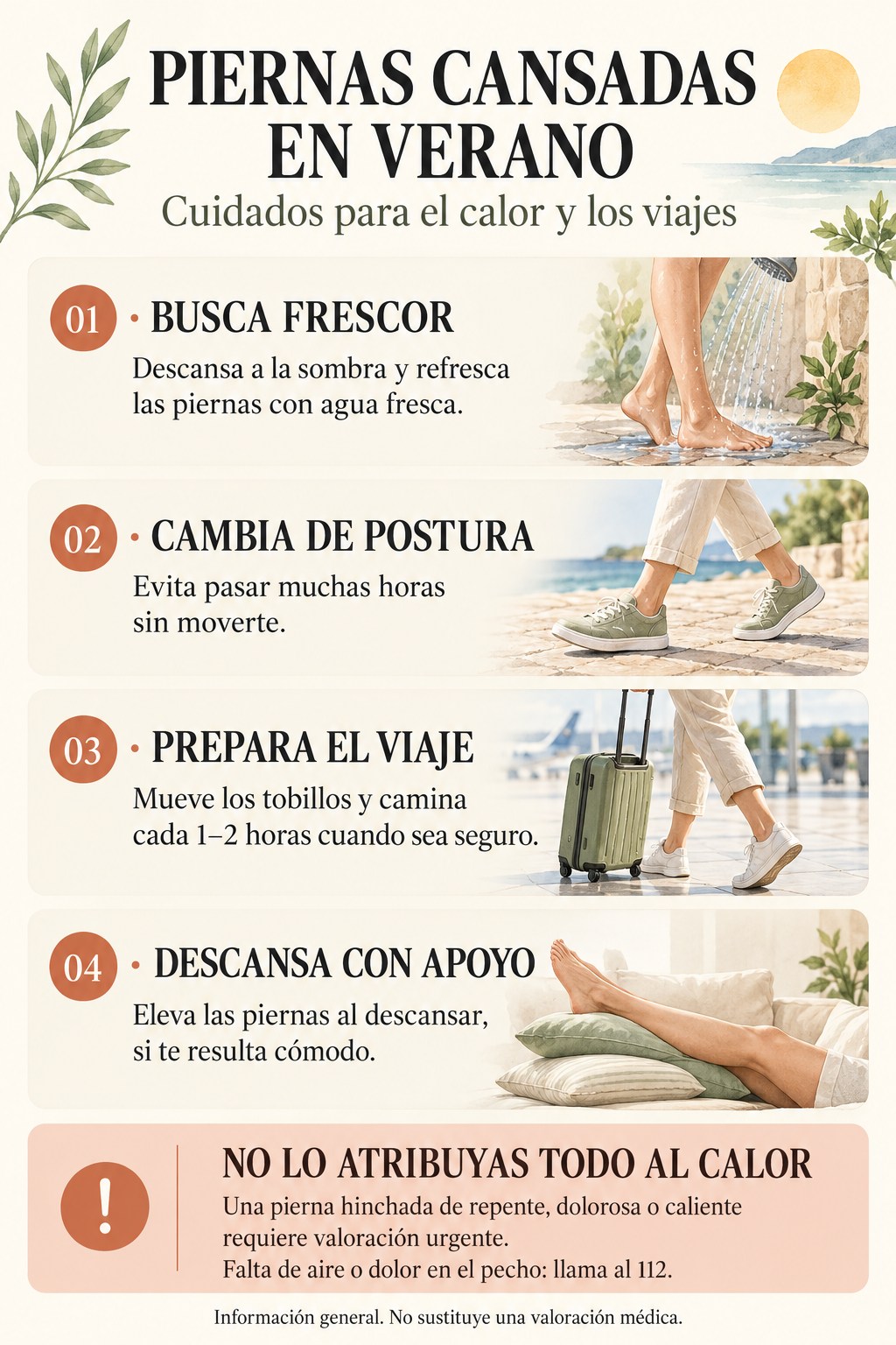 Piernas cansadas en verano: frescor, cambios de postura, movimiento durante los viajes y se&ntilde;ales de alarma.