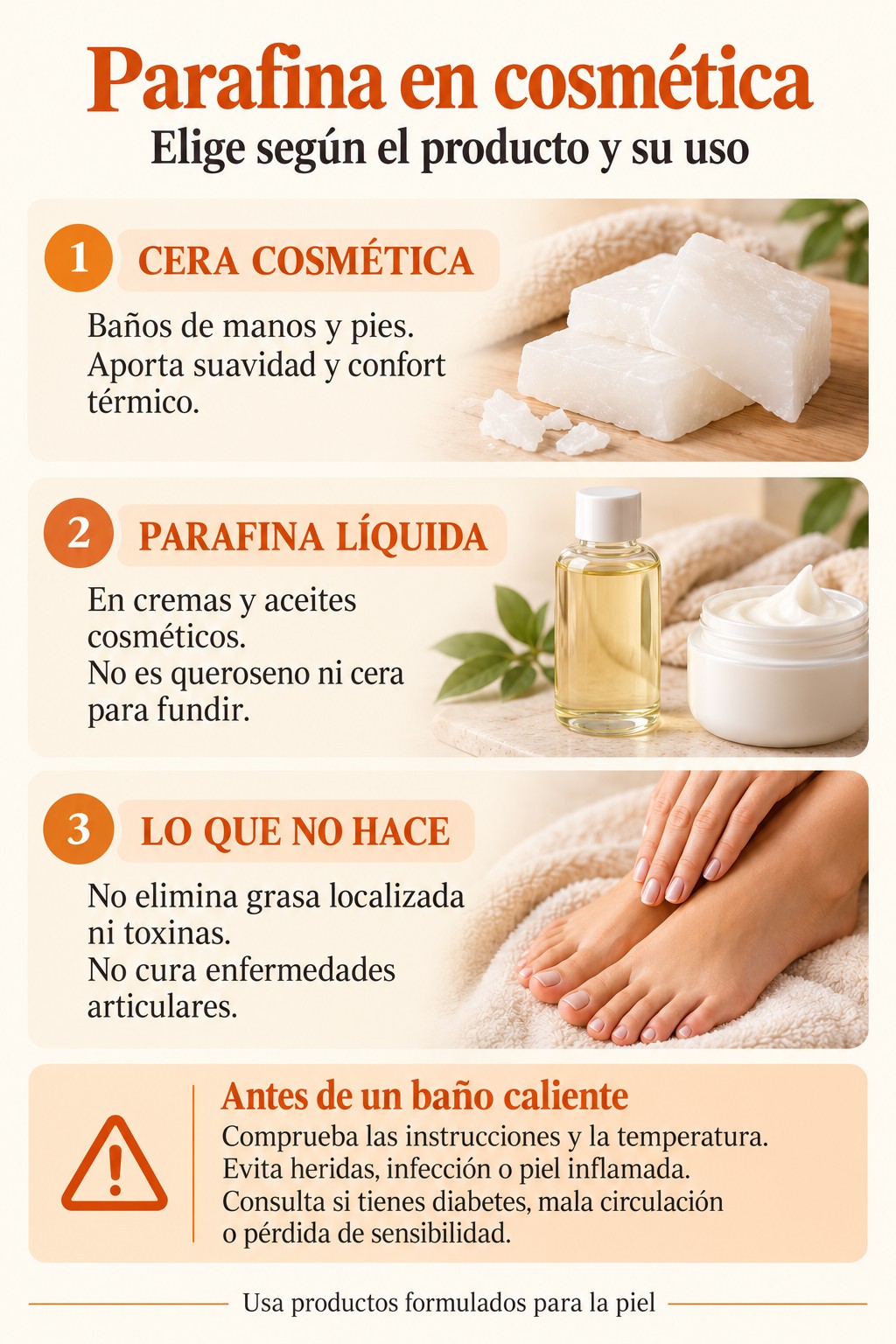 Parafina en cosm&eacute;tica: diferencias entre cera y parafina l&iacute;quida, l&iacute;mites y precauciones antes de un ba&ntilde;o caliente