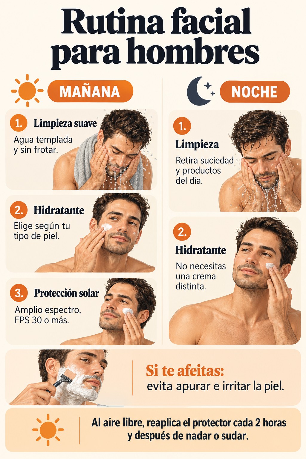 Rutina facial para hombres: limpieza, hidrataci&oacute;n y protecci&oacute;n solar por la ma&ntilde;ana; limpieza e hidrataci&oacute;n por la noche