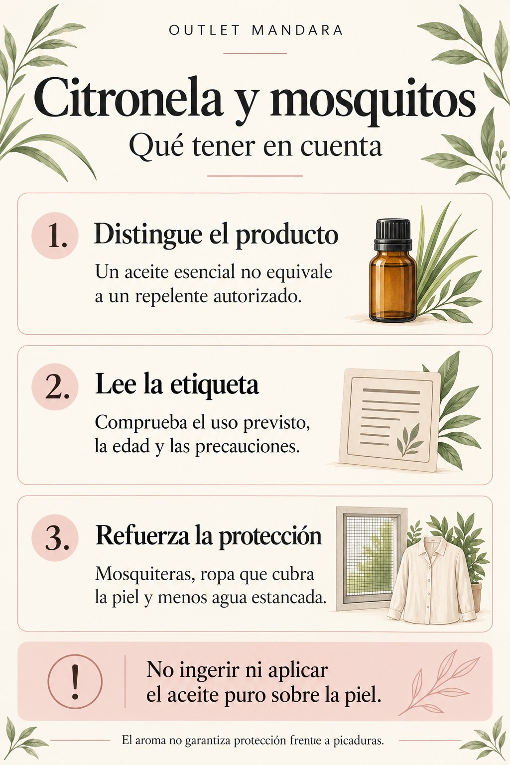 Citronela y mosquitos: distinguir el producto, leer la etiqueta y reforzar la protecci&oacute;n con mosquiteras y ropa