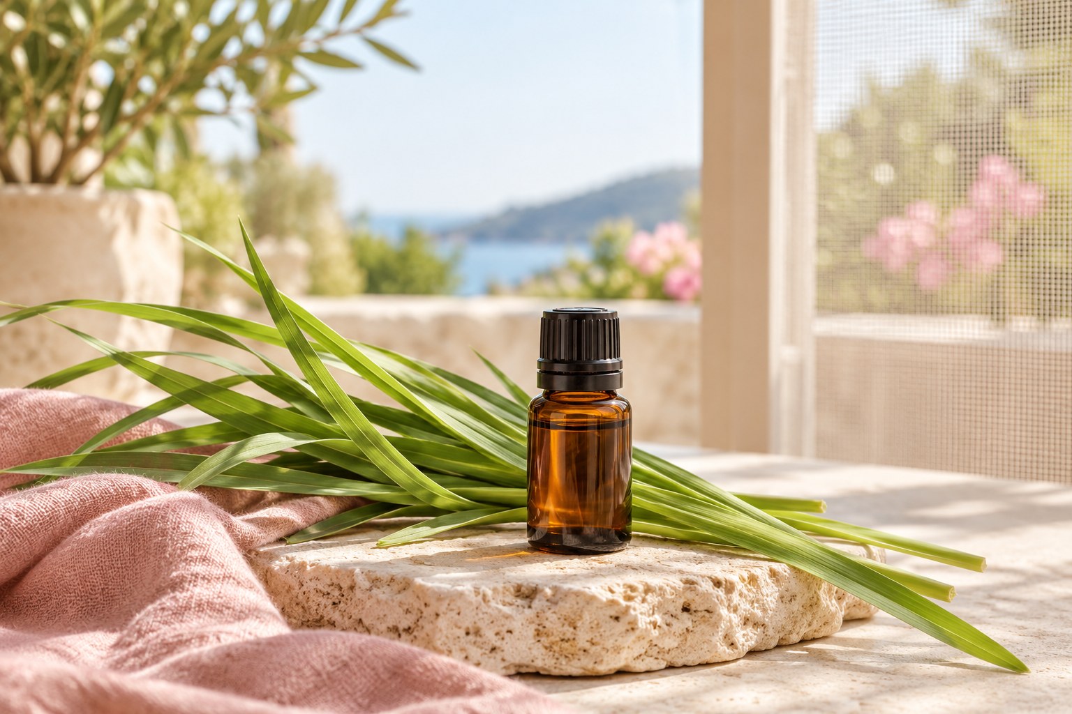 Frasco de aceite esencial junto a hojas de citronela y una ventana con mosquitera