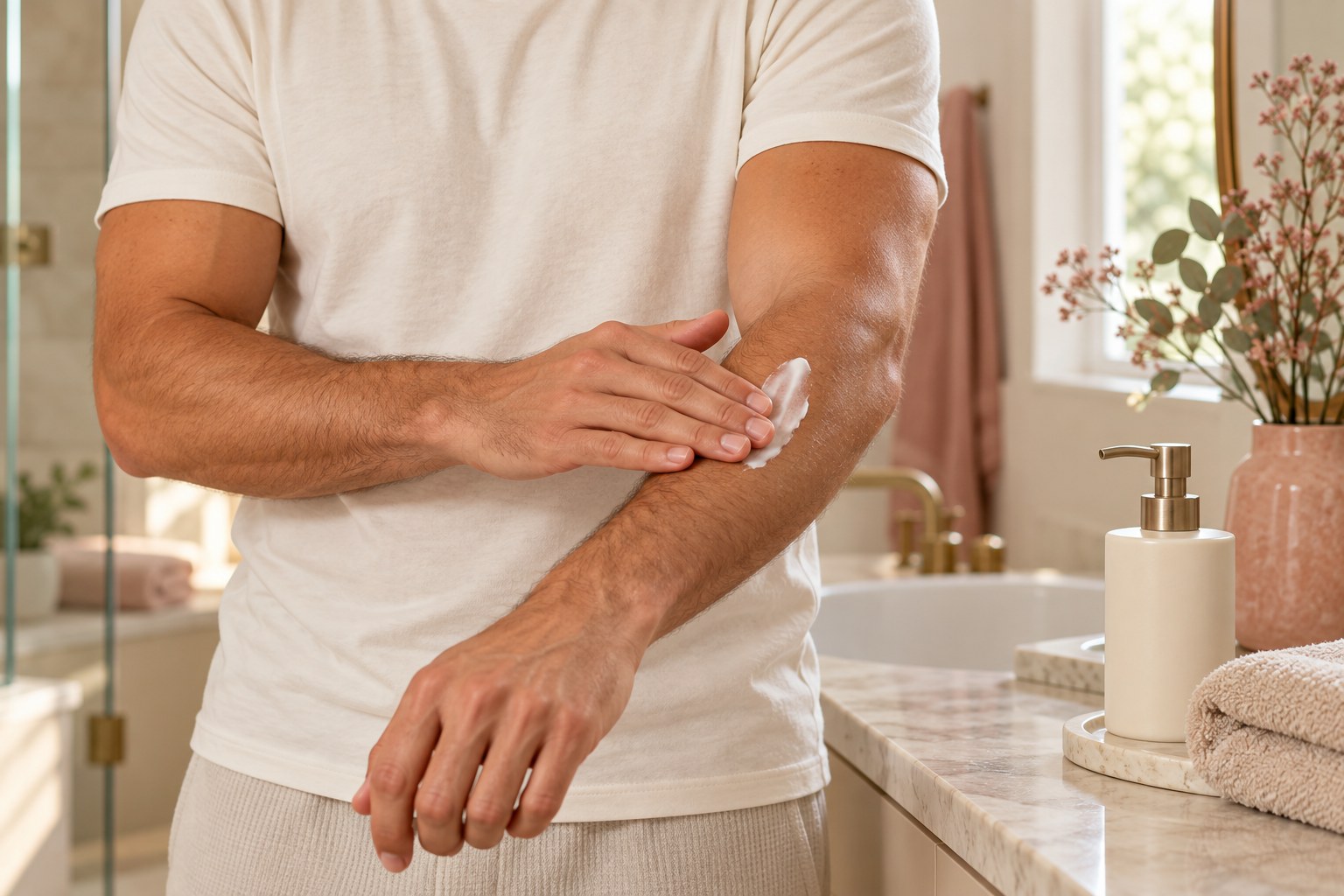 Hombre aplicando crema hidratante corporal en el antebrazo