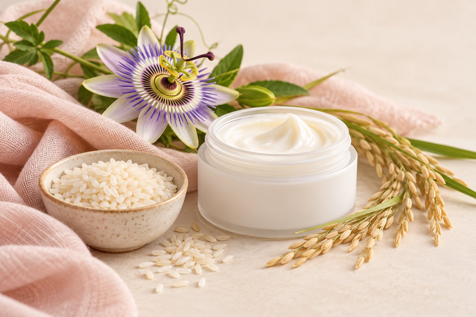 Arroz y flor de passiflora junto a un tarro de crema, imagen ilustrativa de ingredientes cosméticos