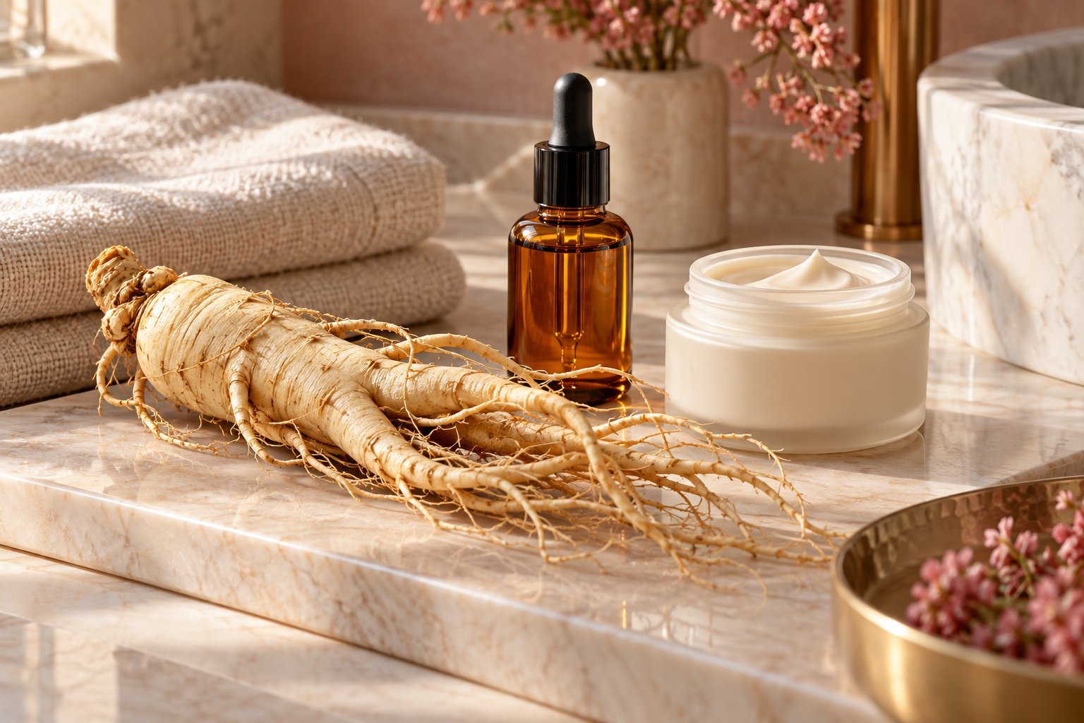 Raíz de ginseng junto a un frasco cosmético y una crema, imagen ilustrativa